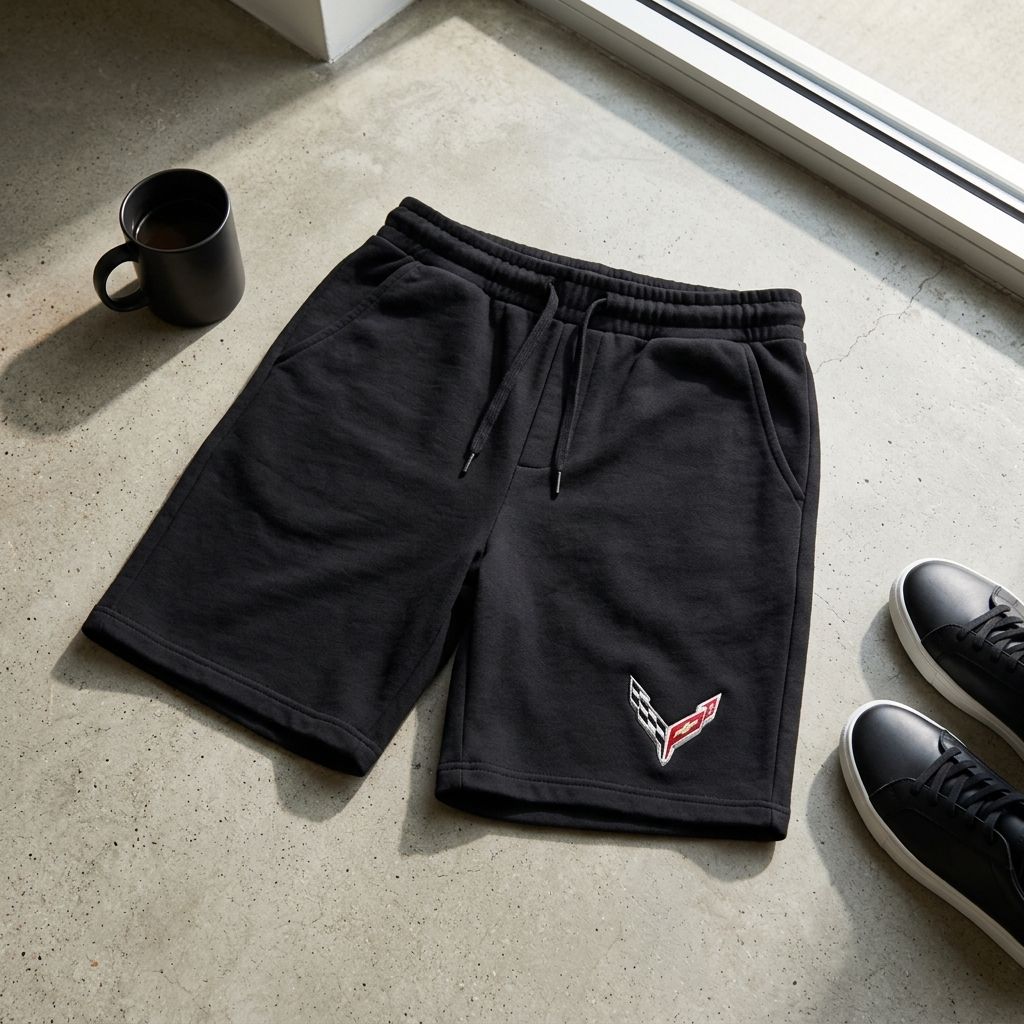 Flat lay of Chevrolet Corvette fleece shorts on textured surface with natural lighting, including casual accessories like a mug and sneakers.