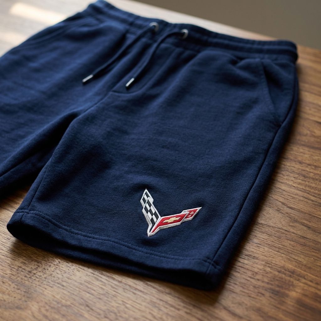 Close-up of men's Chevrolet Corvette fleece shorts showing high-quality fabric, texture, and stretch on a wooden surface with soft natural light.