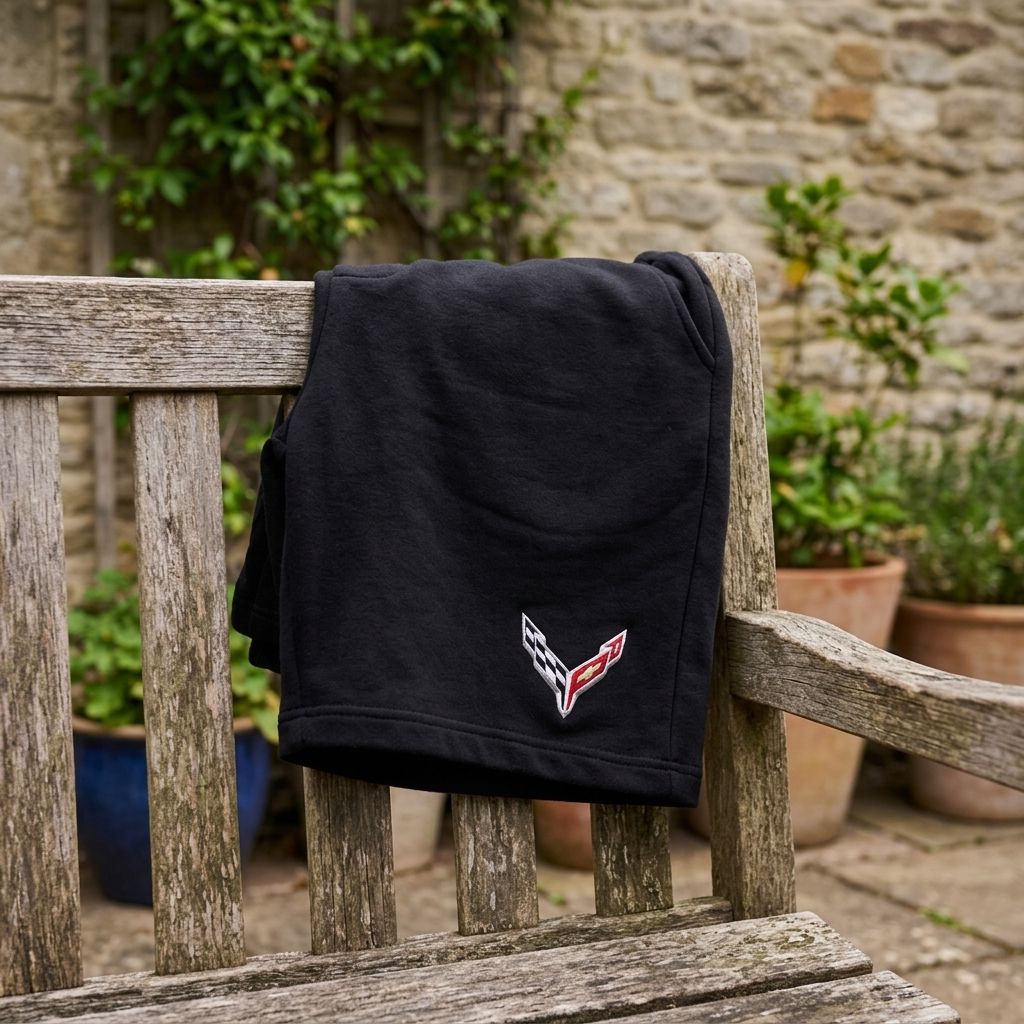 Chevrolet Corvette fleece shorts draped over rustic outdoor furniture with greenery and stone backdrop, highlighting material details and breathable fabric.