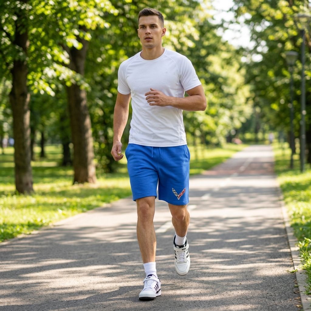 Male athlete in white fleece shorts on park pathway, demonstrating comfort, mobility, and casual activewear style.