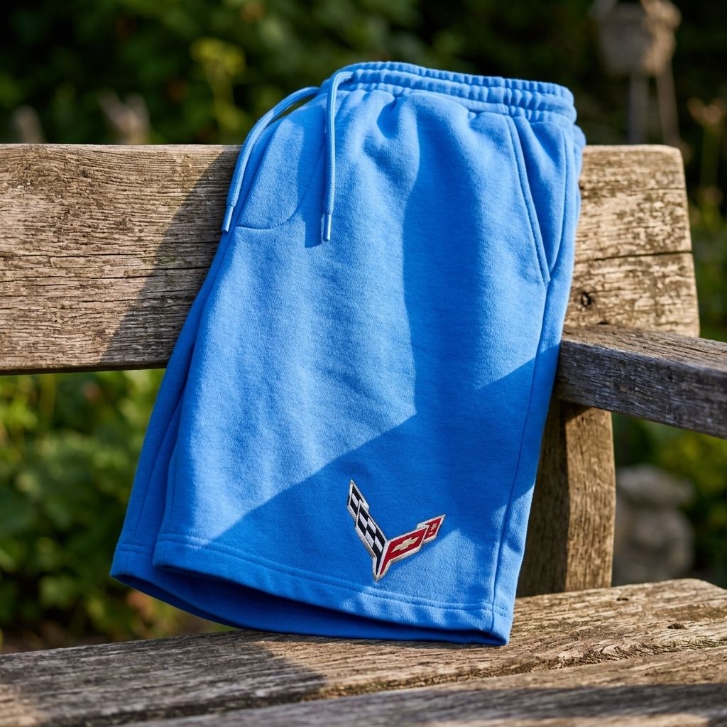 Close-up of men's Corvette car fleece shorts on a rustic wooden bench, showing the fabric texture and stitching.