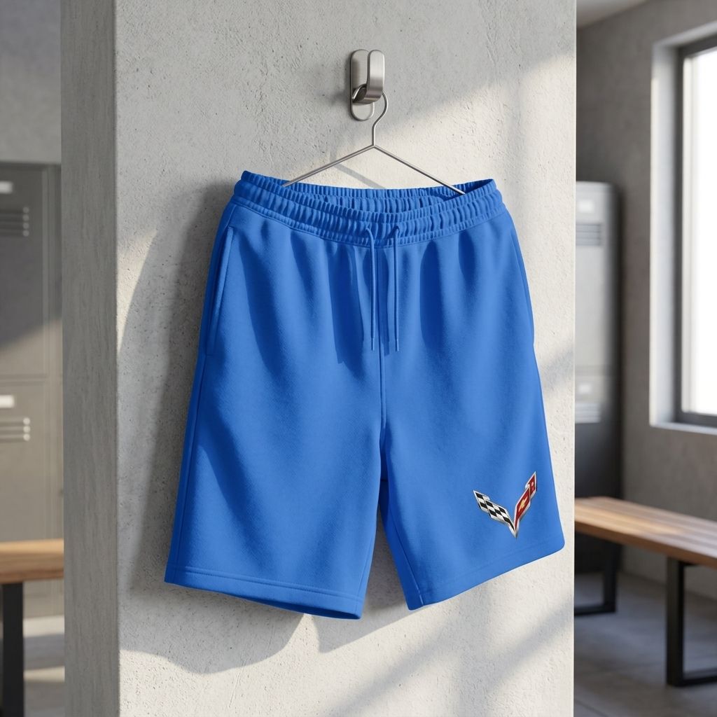 Shorts hanging on metal hook in gym locker room with natural light showing moisture-wicking fabric and elastic waistband.