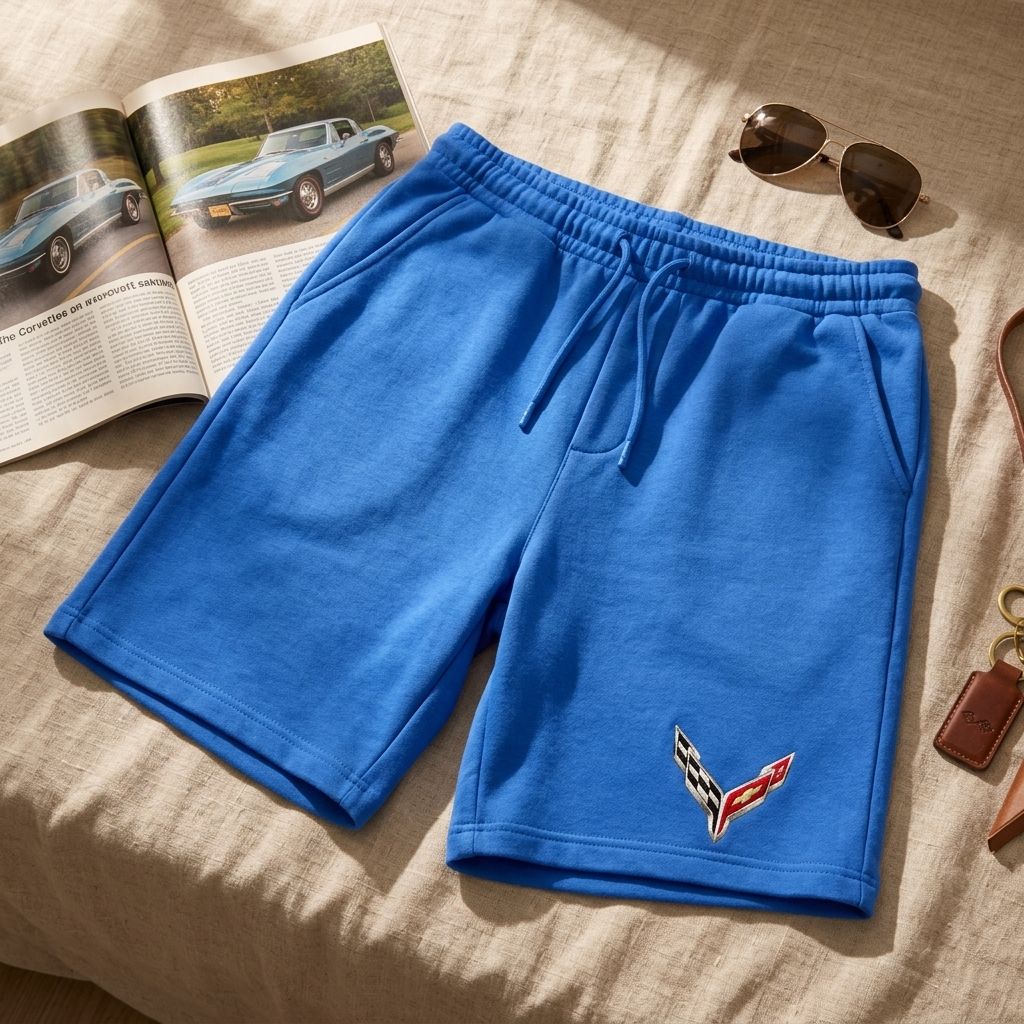 Fleece shorts laid flat on linen fabric with vintage car magazine and sunglasses to showcase softness and quality.