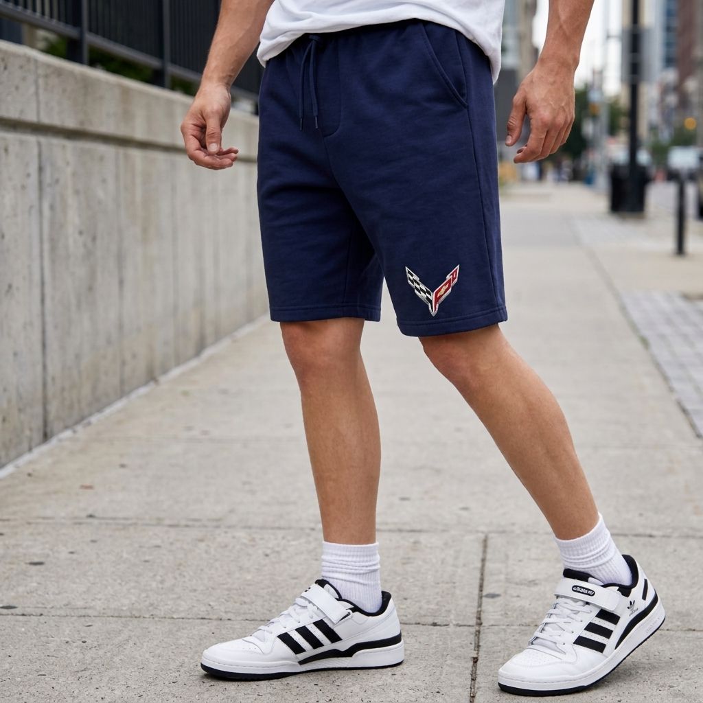 Male model wearing navy Corvette fleece shorts walking on city sidewalk, highlighting relaxed fit and stretch fabric.