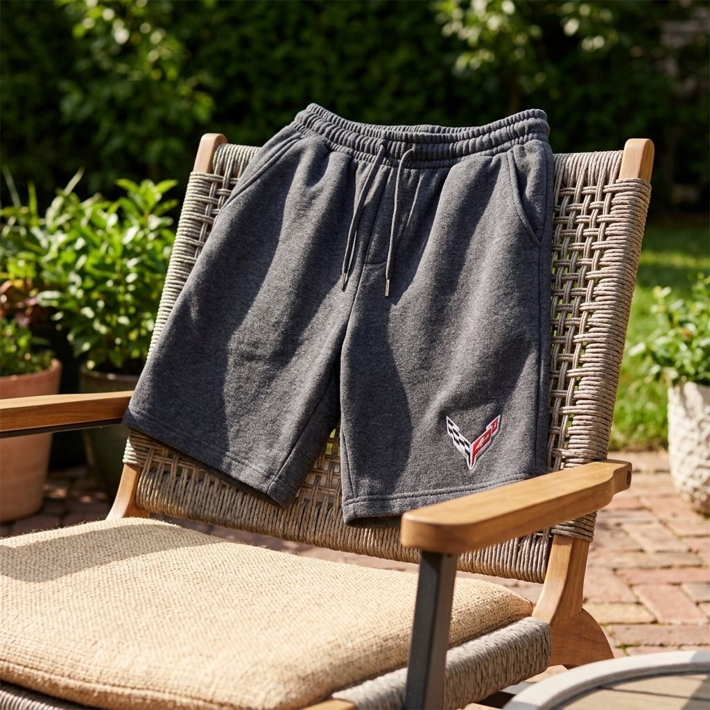 Shorts draped over outdoor lounge chair, showcasing softness and stretch in a sunny backyard setting.