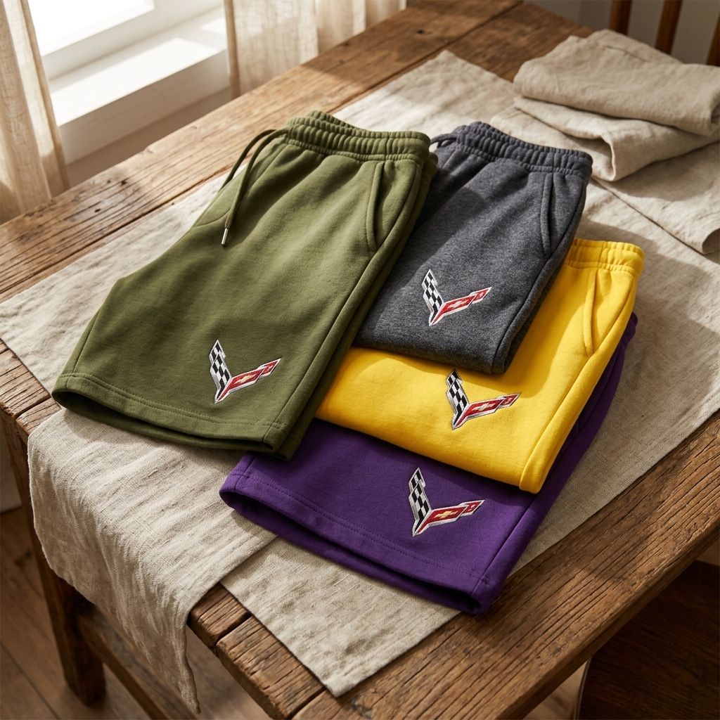 Neatly folded men's Corvette shorts on a rustic wooden table with linen cloth, emphasizing breathable fabric and versatility.