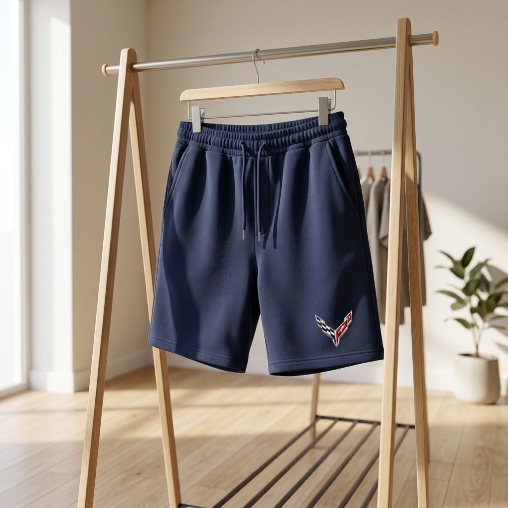 Casual display of men's Corvette athletic shorts hanging on a modern clothes rack in a bright room, showing relaxed fit and stretch waistband.