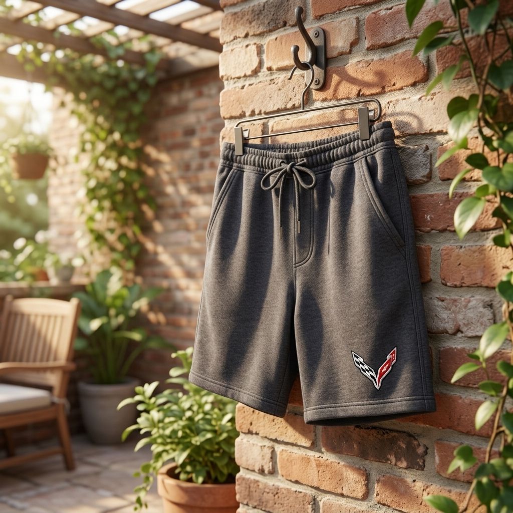 Shorts hanging on a hook outdoors with greenery in background, showcasing breathable fabric and relaxed style.