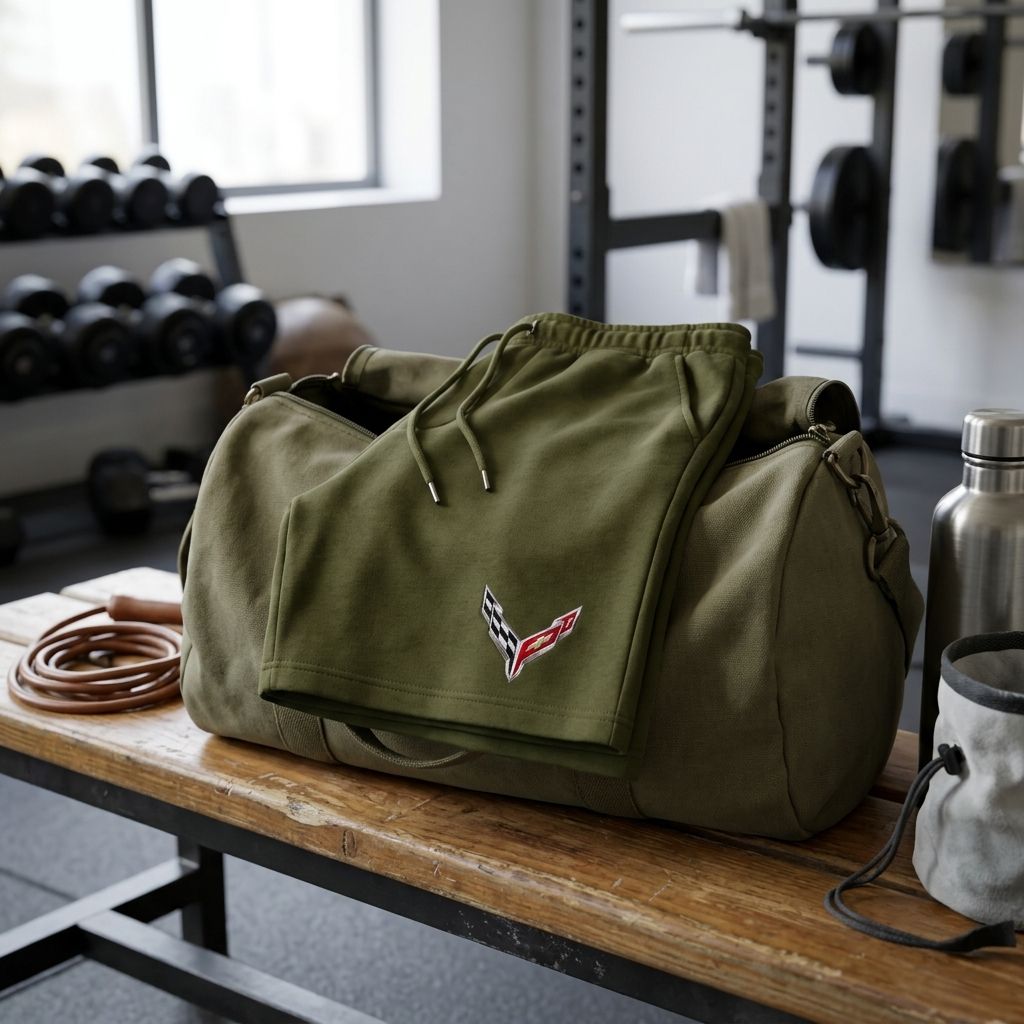 Neat display of men's Corvette shorts inside a gym duffel bag on a gym bench, highlighting quick-drying fabric and stretch.