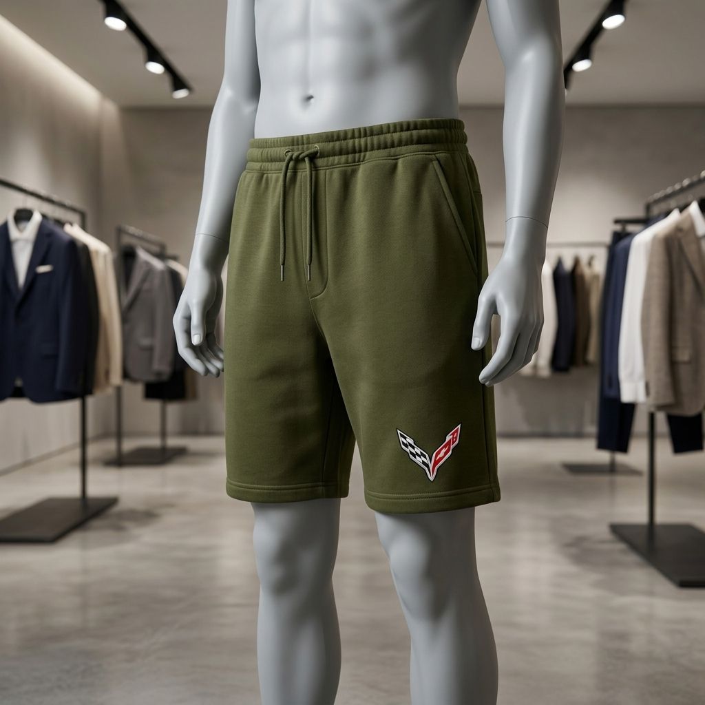 Corvette athletic shorts on a boutique mannequin, highlighting sporty cut and premium fabric details.