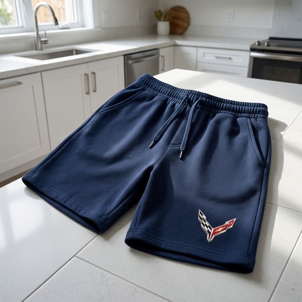 Shorts laid out on a tiled kitchen surface, emphasizing casual versatility and breathable material.