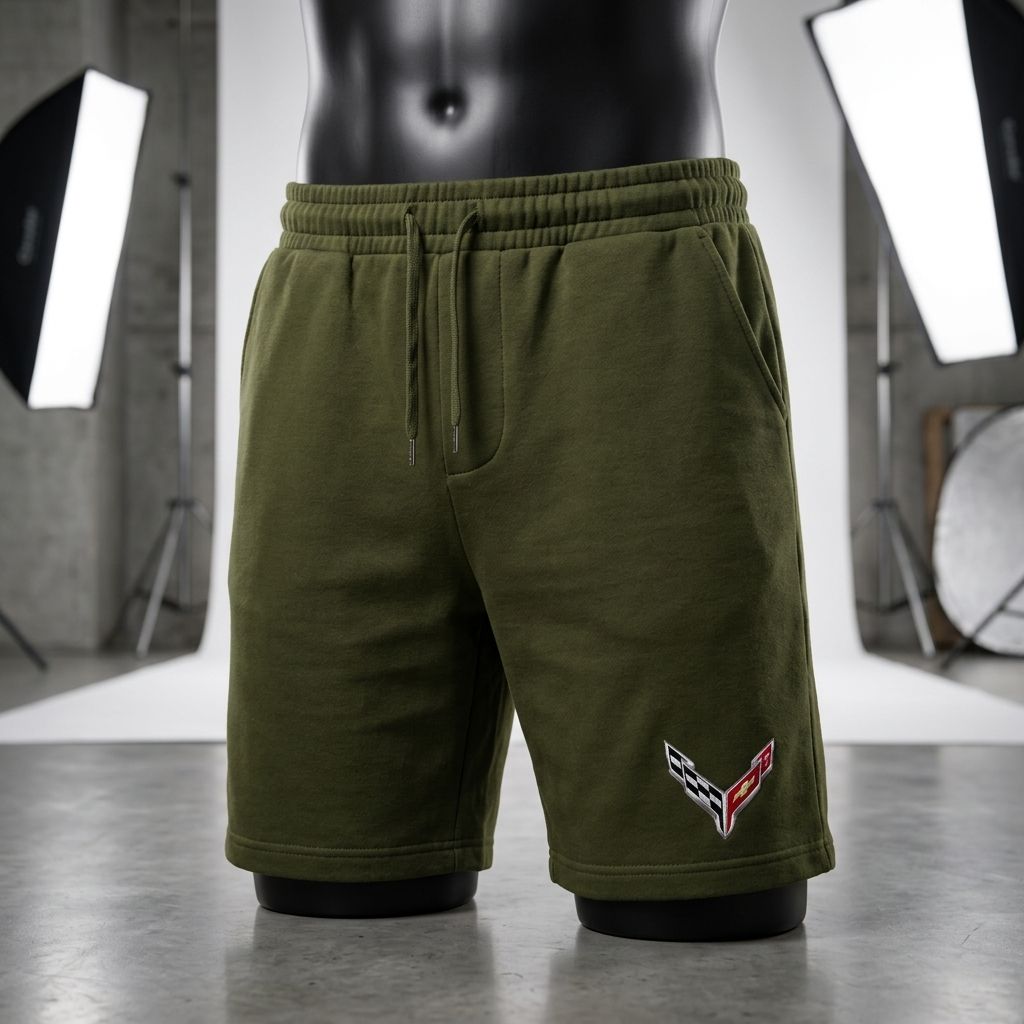 Corvette men's athletic shorts displayed on a mannequin in a studio, focusing on relaxed fit and fabric softness.