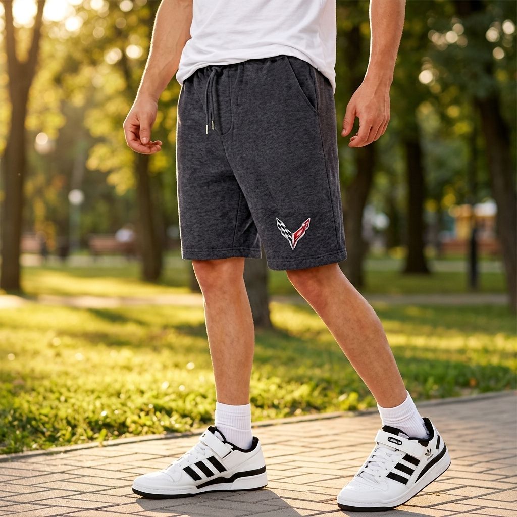 Male model wears Chevrolet Corvette athletic fleece shorts outdoors, highlighting fit, flexibility, and casual style during activity.