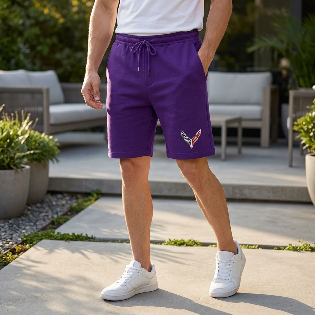 Man wearing Chevrolet Corvette fleece shorts standing casually on a modern outdoor patio in natural morning light.