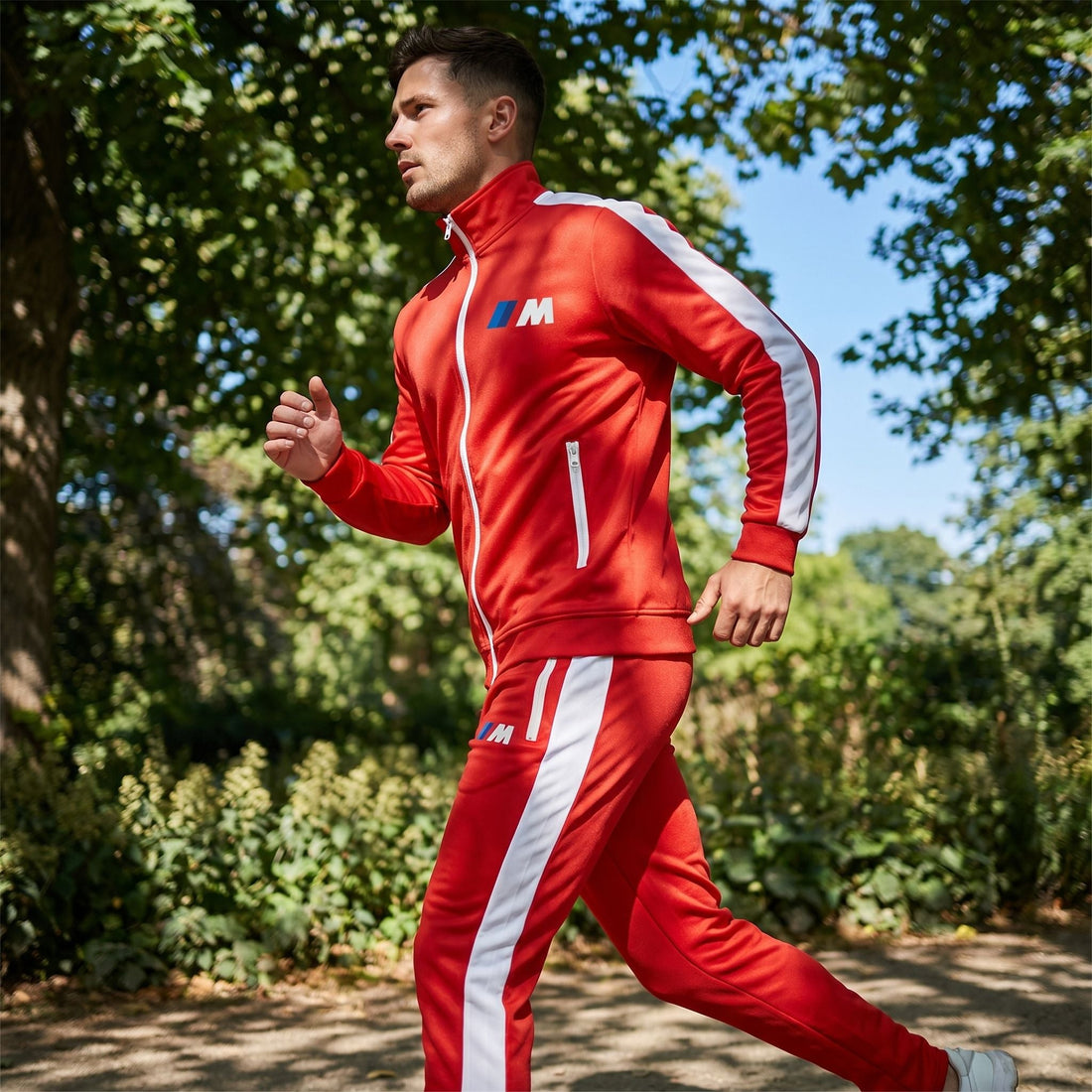 Dynamic image of man running in BMW M Dri-Fit TrackSuit during workout in a park setting.