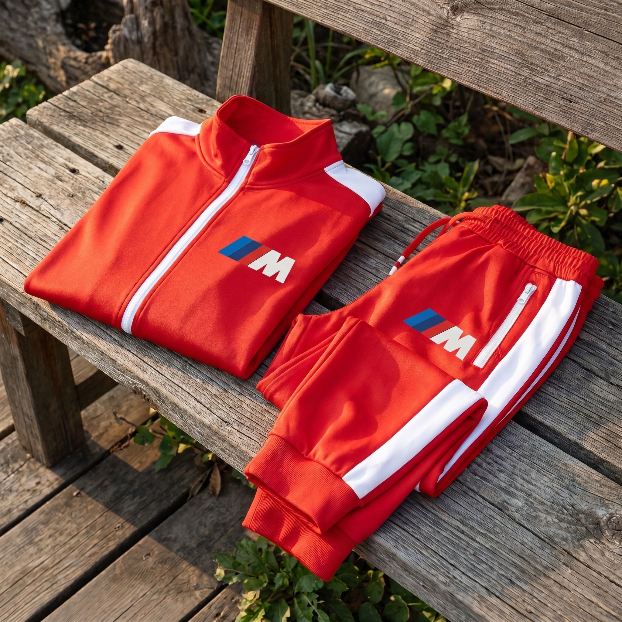 Men's BMW M Dri-Fit TrackSuit laid out on rustic wooden bench outdoors, showcasing fit and texture.