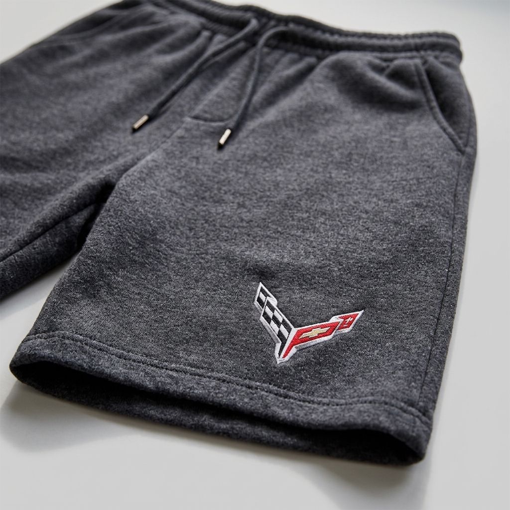 Close-up of men's Chevrolet Corvette athletic fleece shorts shows textured fabric, stitching, soft stretch, and durability.
