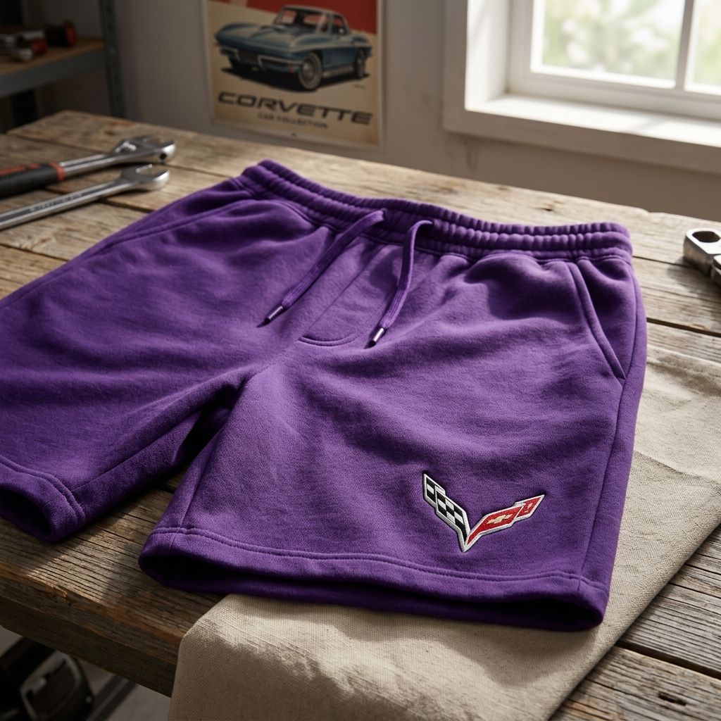 Close-up of men's Chevrolet Corvette athletic fleece shorts showing waistband and fabric texture on a rustic wooden surface.