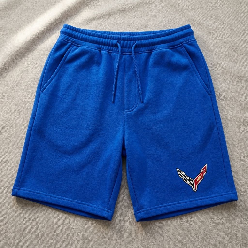 Close-up of men's Chevrolet Corvette car athletic fleece shorts on a textured fabric surface, highlighting fabric texture and stitching.