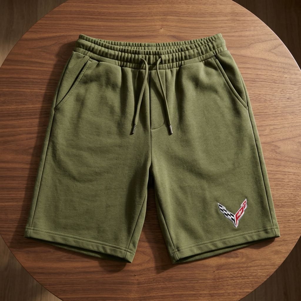 Men's Corvette car athletic fleece shorts laid flat on a sleek wooden surface, highlighting breathable fabric and stretch.