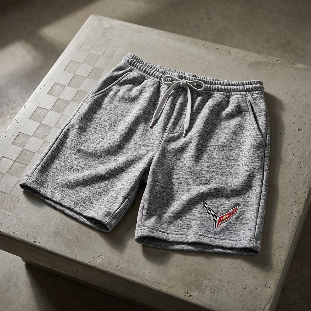 Men's Corvette athletic shorts laid flat against concrete background, highlighting premium fabric blend and subtle stretch.