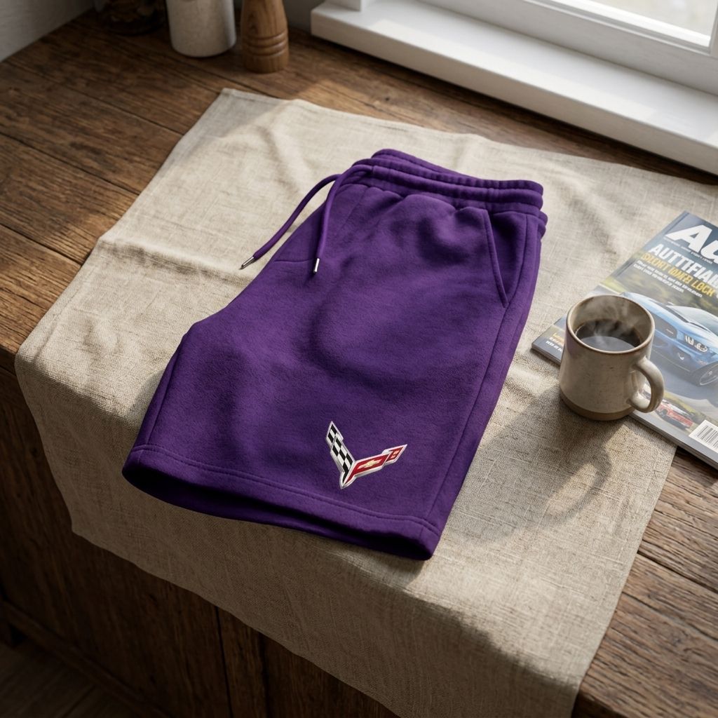 Overhead shot of men's Chevrolet Corvette fleece shorts neatly folded on a rustic kitchen counter with natural lighting.