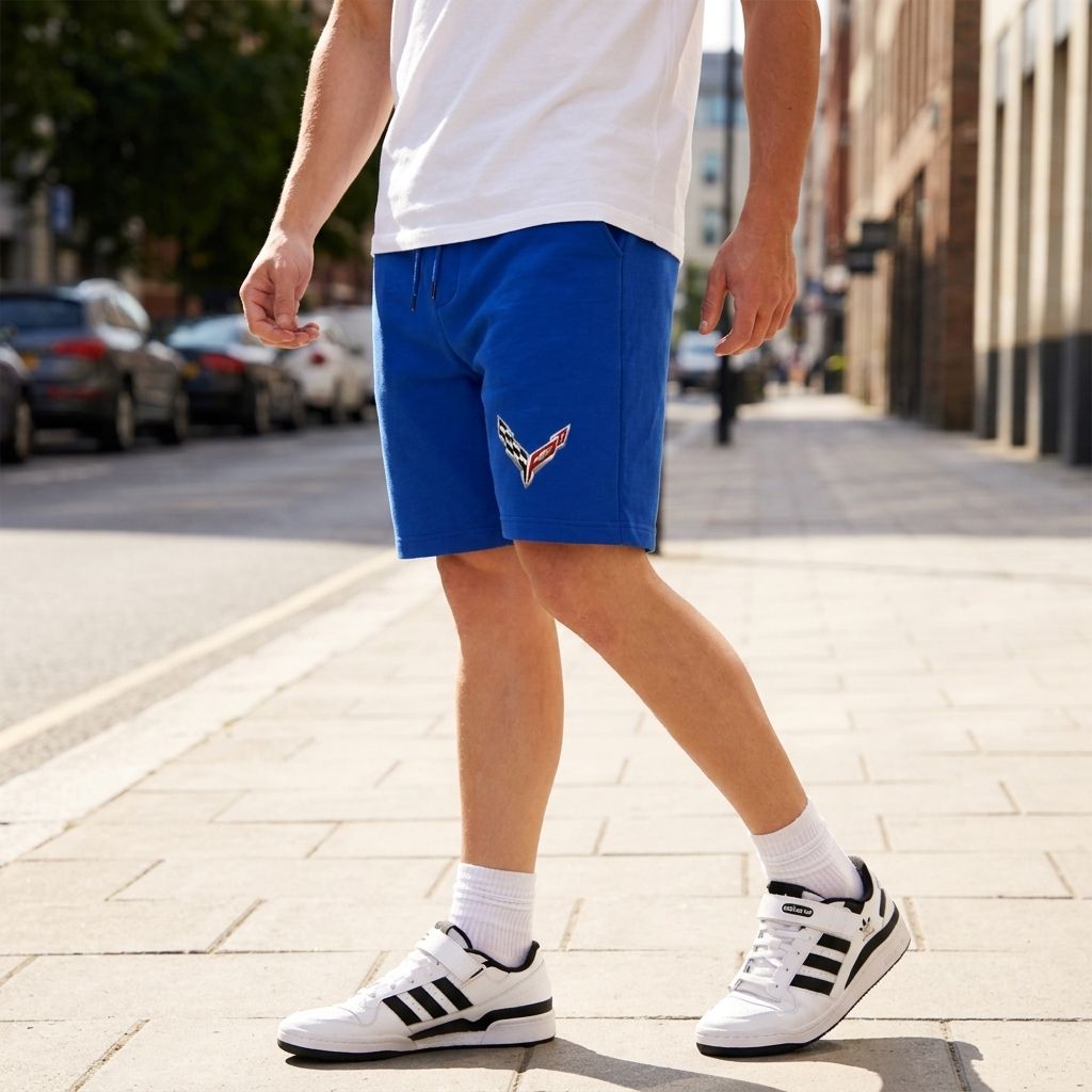 Full-body shot of man outdoors wearing Chevrolet Corvette shorts on a sunny day, demonstrating mobility and athletic design.