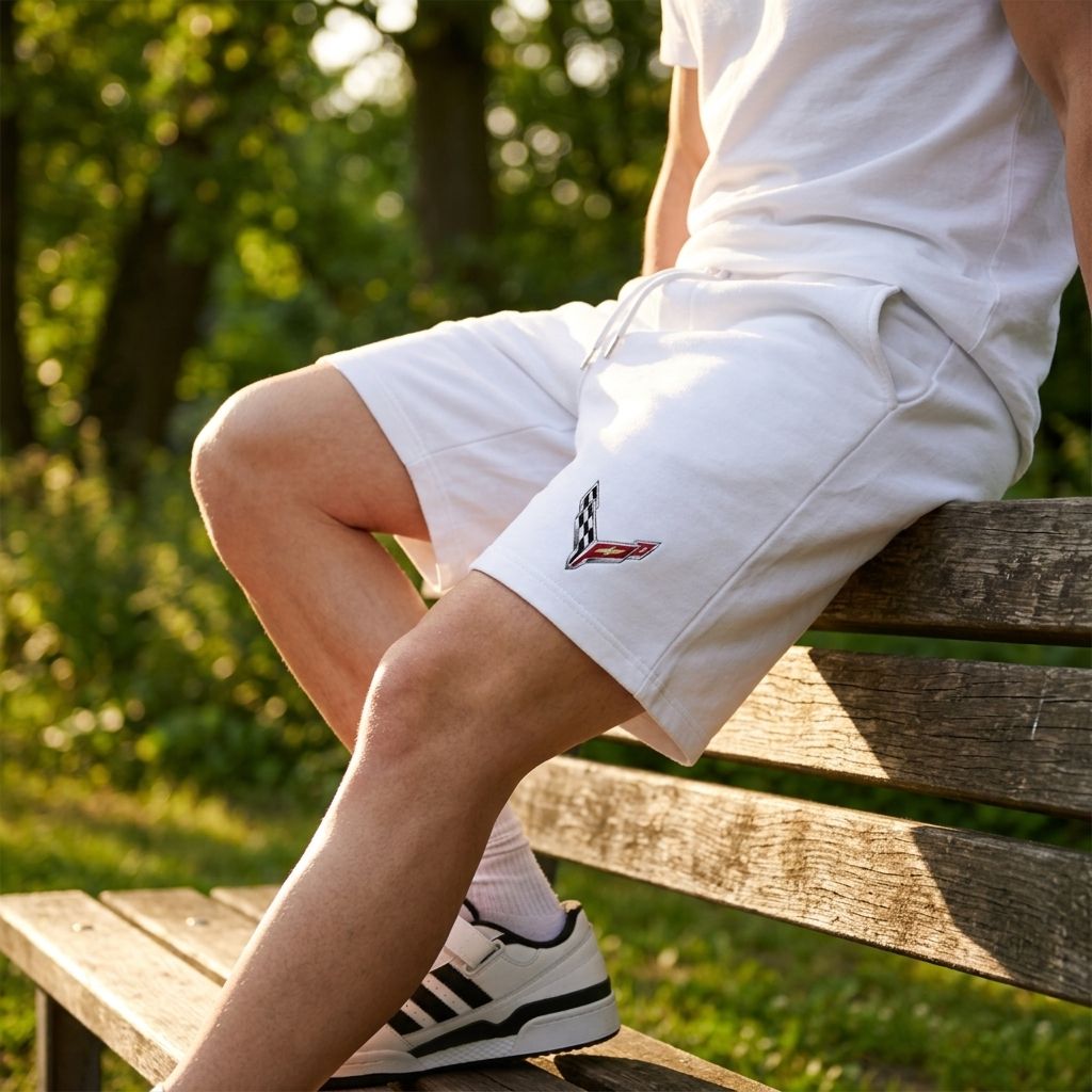 Male model wearing men's Chevrolet Corvette athletic fleece shorts sitting on a wooden bench in a park during golden hour with greenery in the background.