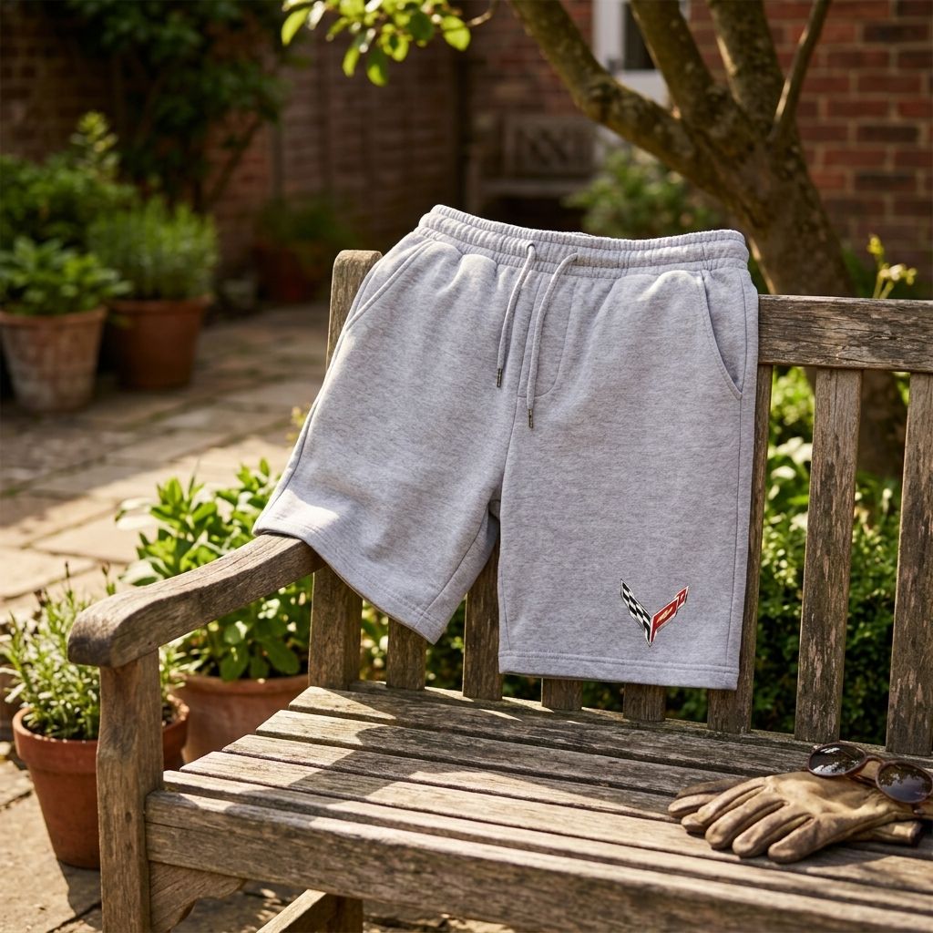 Casual scene with men's Chevrolet Corvette athletic fleece shorts draped over a rustic outdoor bench, highlighting soft fabric and lifestyle versatility.