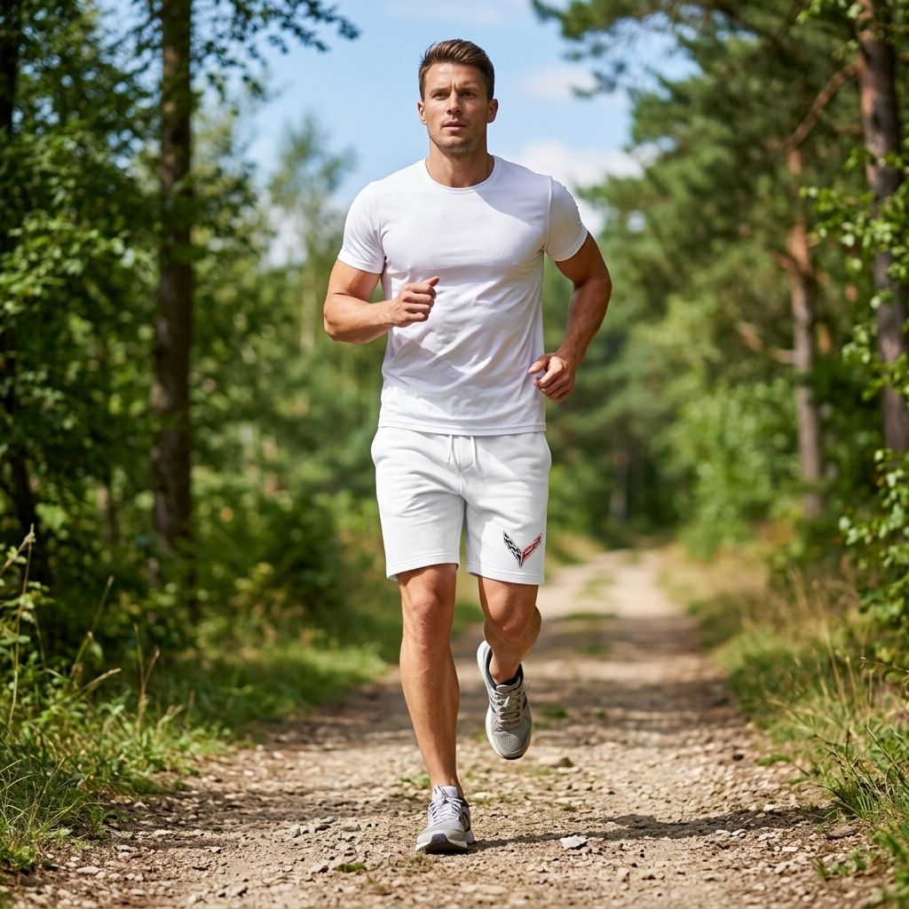 Male athlete in motion jogging on a scenic trail wearing navy Chevrolet Corvette athletic fleece shorts, highlighting performance and comfort.