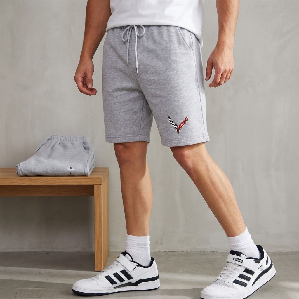Display of men's Chevrolet Corvette fleece shorts on a neutral background, highlighting fabric texture, fit, and versatility for active or casual wear.