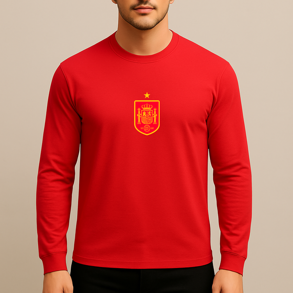Men's Spain Red Logo National Soccer Team Long Sleeve T-Shirt