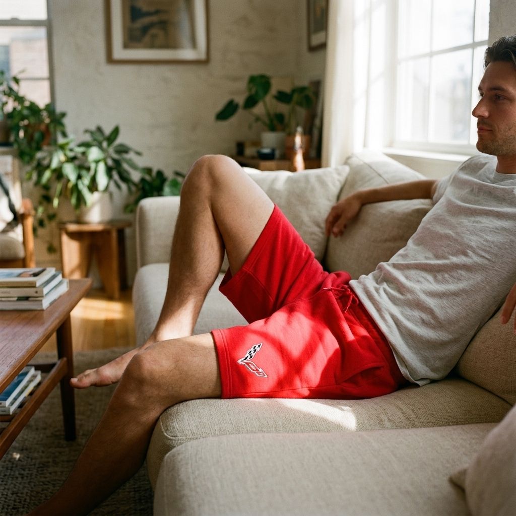 Man relaxing on sofa wearing white Chevrolet Corvette fleece shorts in a cozy home environment.