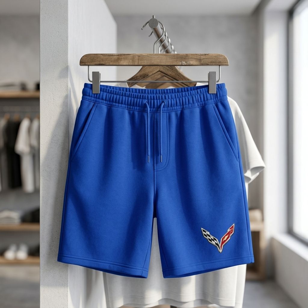 Men's fleece shorts hanging on a rustic wooden hanger, emphasizing fit, fabric quality, and craftsmanship in a retail setting.