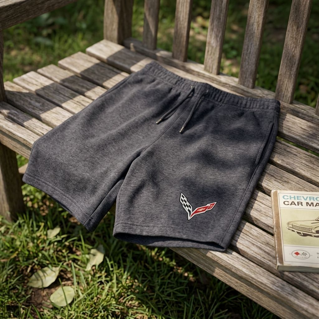 Chevrolet Corvette fleece shorts draped on rustic bench, emphasizing breathable fabric and natural, cozy outdoor scene.