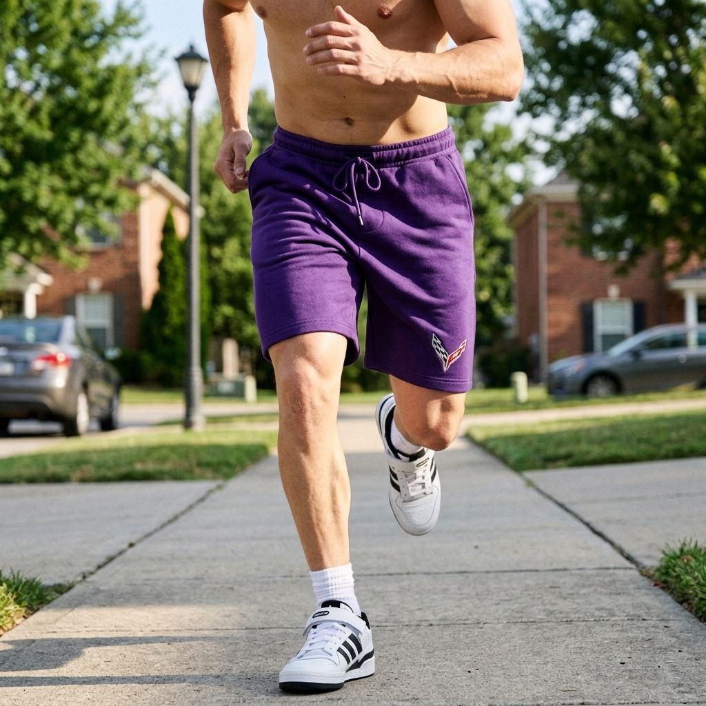 Men sprinting in Chevrolet Corvette athletic fleece shorts along a suburban sidewalk with urban background.