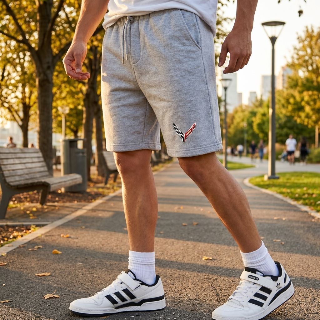 Model strolling in an urban park during golden hour in men's Chevrolet Corvette fleece shorts, showing fit, comfort, and everyday style.